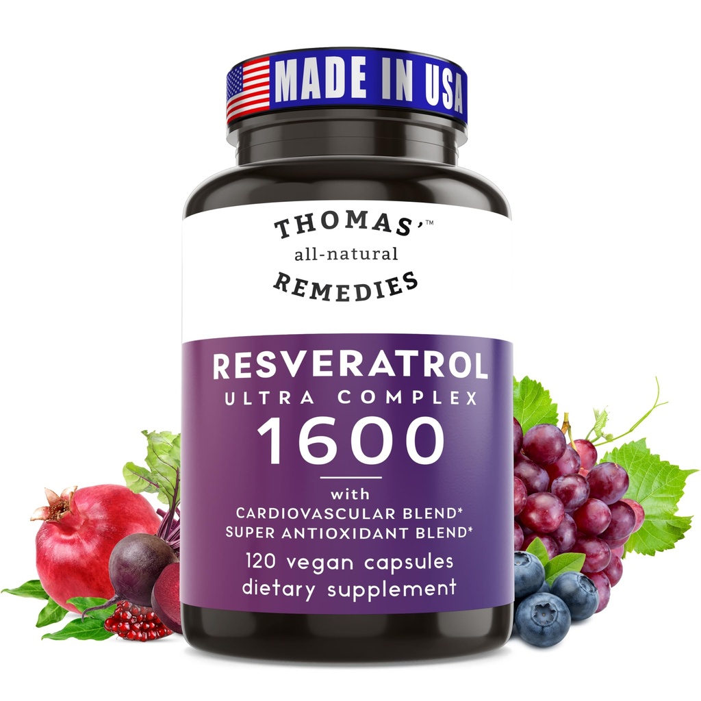 Remedios naturales de Thomas Resveratrol 1600mg Suplemento Antioxidante de Trans-Resveratrol con Extracto de semillas de uva orgánica y Quercetina- Anti-Aging y soporte cardiovascular- 120 cápsulas