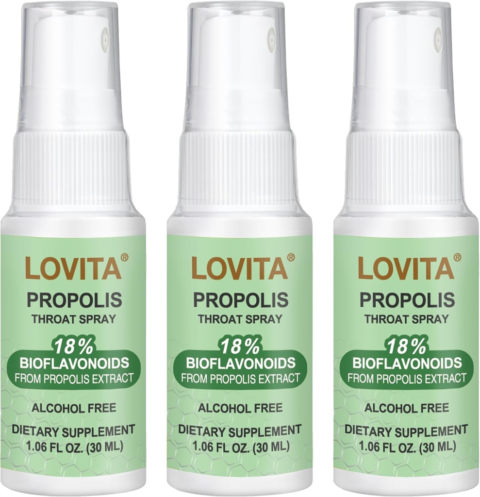 Lovita Propolis Throat Spray, Canadian Propolis Spray, High Potent 500 mg Propolis por ml con 9:1 High Concentrate, Natural Sore Throat Spray for Immune Support, Alcohol-Free, 1 Fl Oz (Pack of 3)