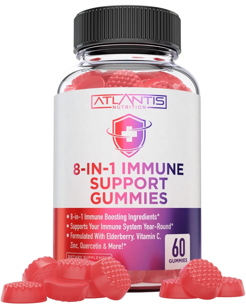 Atlantis Nutrición 8-en-1 Immune Soporte Gummies with Elderberry  durable Suplemento de Immune con Elderberry, Quercetina, Zinc, Vitamina C - Boosters de inmunidad para adultos &amp; niños - Delicious Flavor - 60 Condes