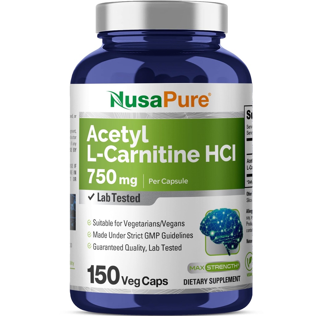 NusaPure Acetyl L-Carnitine 750mg por Caps 150 Veggie Capsules (No-GMO, Vegan) High Potency Acetyl L Carnitine HCL (ALCAR)