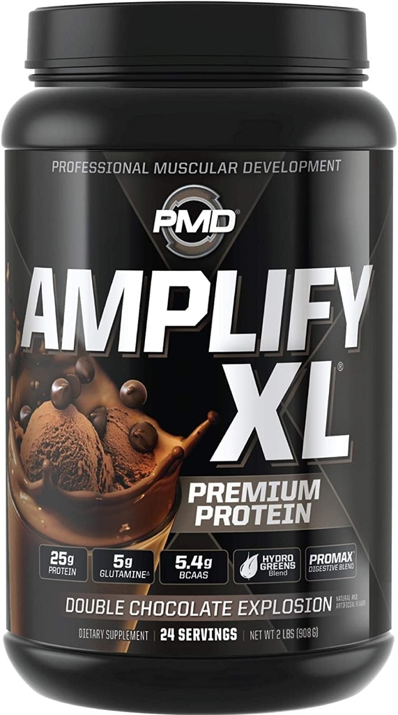 PMD Sports Amplificar XL Premium Whey Protein Suplemento Hydro Greens Blend - Glutamine y Whey Protein Matrix con Superfood for Muscle, Strength and Recovery - Double Chocolate Explosion (24 Servings)