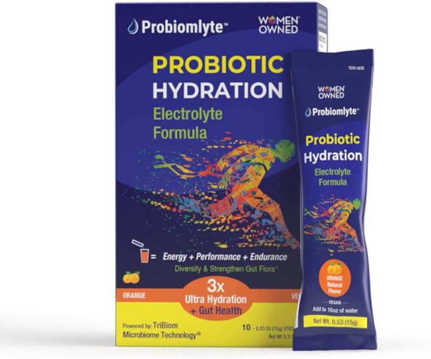 Amplificador de hidratación Probiomlyte- Probiótico (Orange) con tecnología Patented TriBiom Microbiome para resistencia, rendimiento, energía y salud Gut