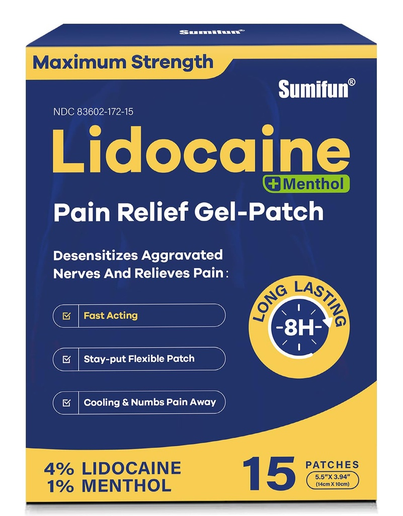 Sumifun 4% Lidocaine Patches Plus 1% Menthol - 15 Cuentas Maximum Strength OTC Pain Relief Patches for Back Ache Stiff Neck Joint Pain Muscle Soreness Topical Analgesic