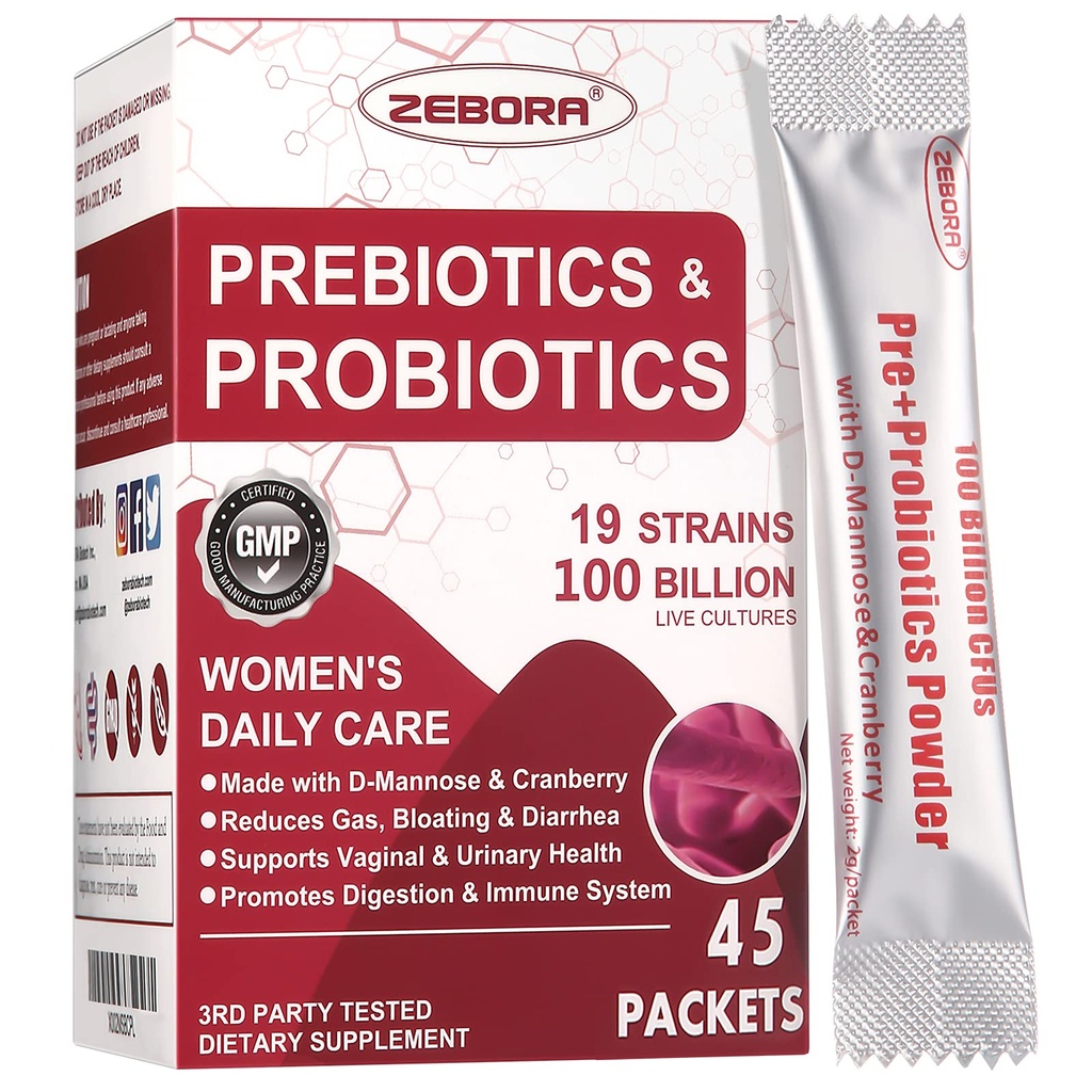 ZEBORA Probiotics-for-Women 100-Billion-CFUs with Prebiotics, D-Mannose " Cranberry for Digestive, Immune, Feminine UT Health Support, Ultimate Probiotic Women's Care, Soy " Gluten Free, 45 Packets