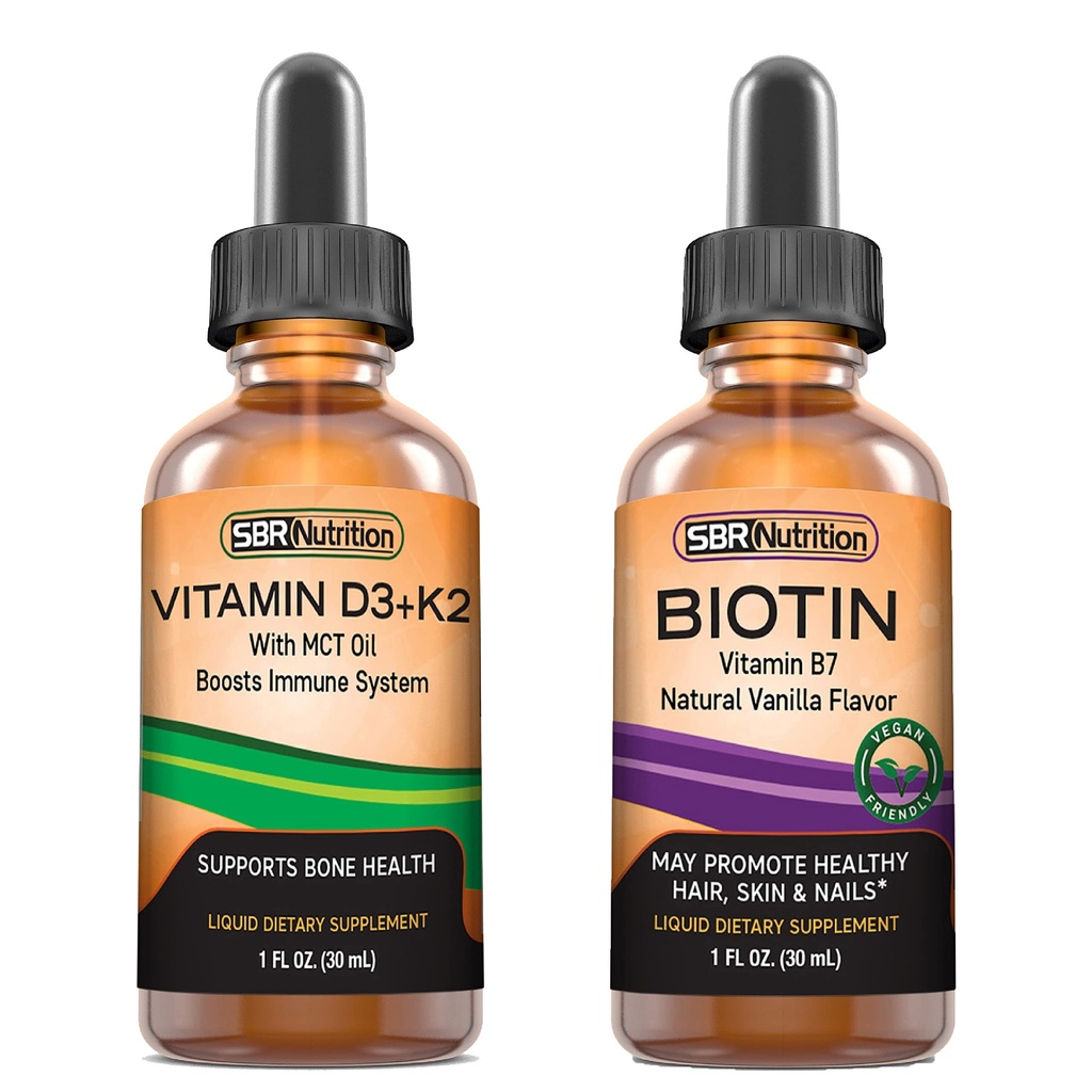 SBR Nutrition D3+K2 and Biotin Bundle Vitamin D3K2 (MK7) Liquid Drops, Peppermint, 1oz ANTE Biotin 5000mcg Liquid Drops, Vanilla 2oz Silencioso para adultos &amp; niños