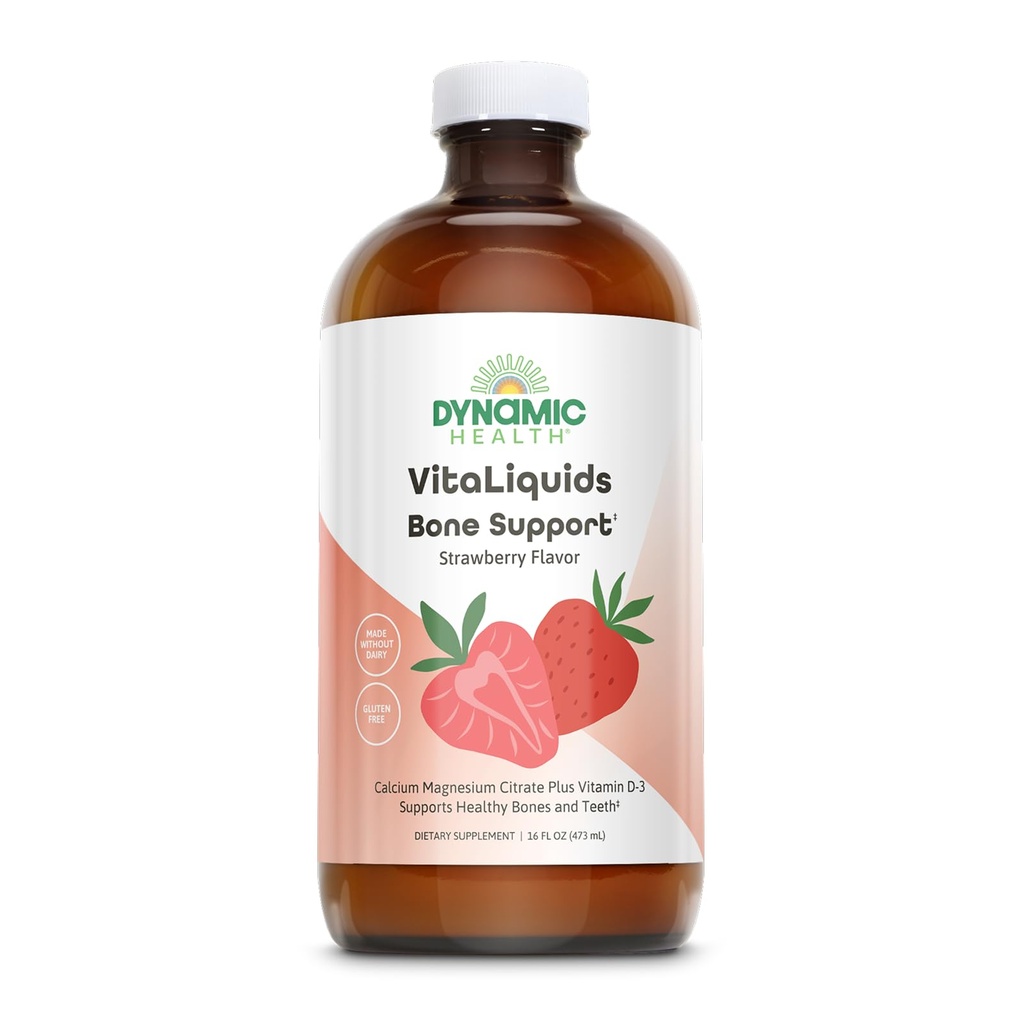 Dynamic Health VitaLiquids Bone Support - Calcium Magnesium Supplement with Vitamin D - Supports Strong Bones with Calcium Citrate, Vitamin D3 - Strawberry Flavor - Gluten Free, 32 Servings, 16oz | Liquid Calcium Magnesium Supplement for Women & Men, With Vitamin D, Muscle and Bone Health Support with Magnesium & Calcium