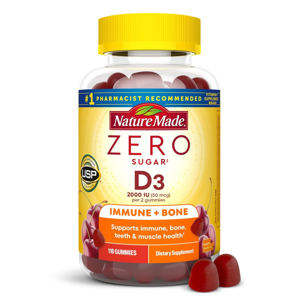 Nature Made Zero Sugar Vitamina D3 Gummies 2000 UI (50 mcg) Por Serving, Bone &amp; Immune Support, Aspartame Free, 110 Vitamina D Gummies, 55 Day Supply