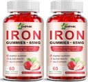 Complemento de Hierro Gummies para Mujer, Hombres & Niños, 65mg Hierro & 250mg Vitamina C por Servo - Sangre Saludable, Energía & Apoyo Inmunitario Hierro Vitamina Gummy con Folate, 2 Pack