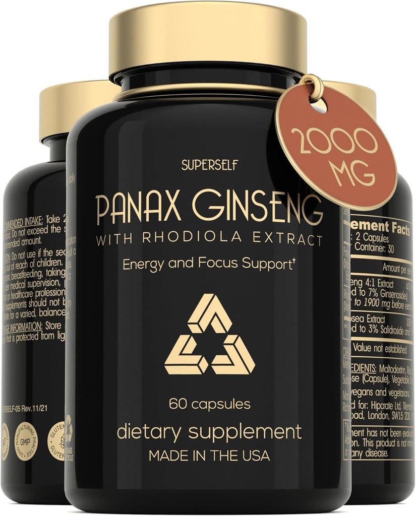 Panax Ginseng y Rhodiola Rosea 2000mg - Korean Ginseng High Strength 60 Capsules - Suplemento Herbal para Hombres y Mujeres - Complejo Energético con Ginseng Extracto Estándarizado 7% Ginsenosides - US Made