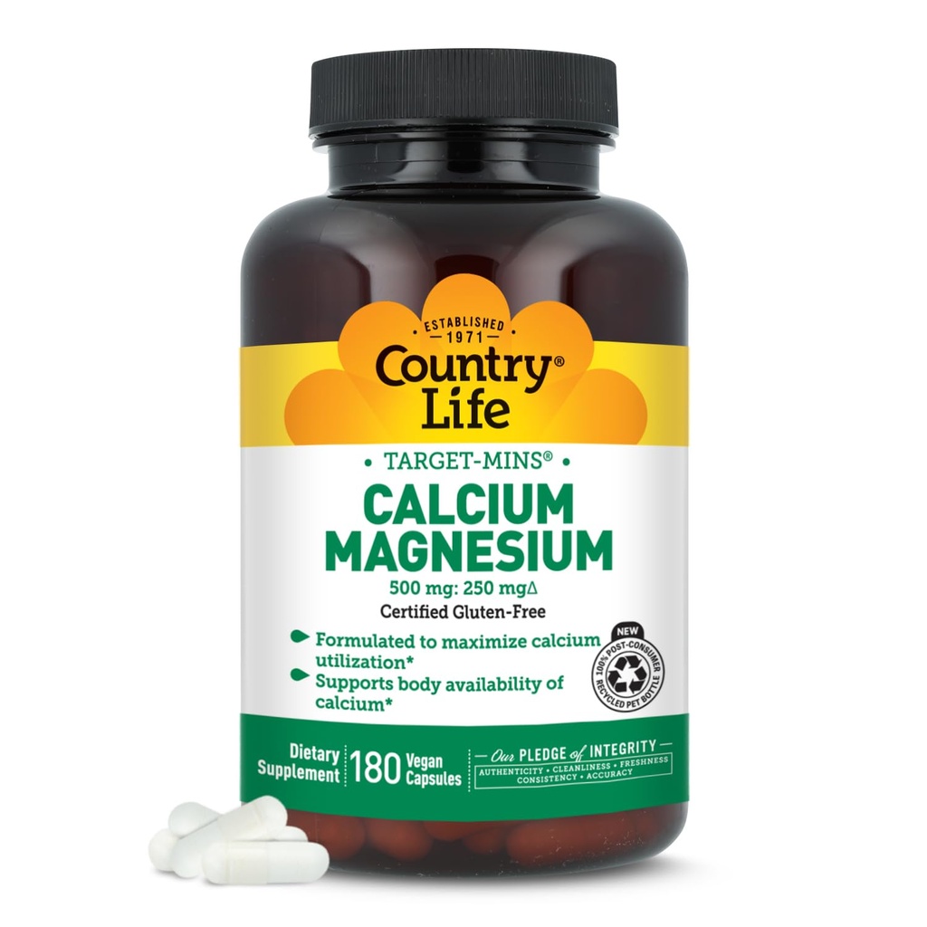 Country Life Target-Mins Complejo de magnesio de calcio - 1000 mg de calcio, 500 mg de magnesio, Suplemento libre de gluten para la salud ósea