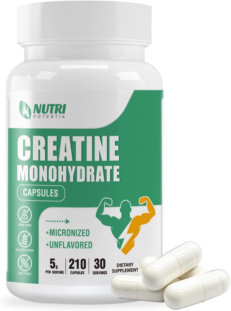 Cápsulas de Monohidrato de Creatina, Píldoras de Creatina Pura Micronizadas para el entrenamiento mejorado y el crecimiento muscular, Fácil absorción, No GMO, Desarrollado - 210 cápsulas