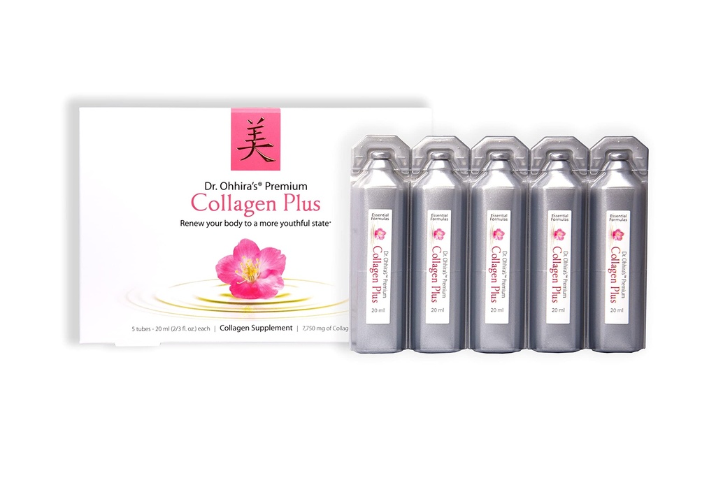 Collagen Premium del Dr. Ohhira. Un suplemento de colágeno fácilmente mezclable líquido con 7,750 mg de péptidos de colágeno marino, más extracto de flor de cereza, y un concentrado Probiótico de base vegetal, 5 paquete