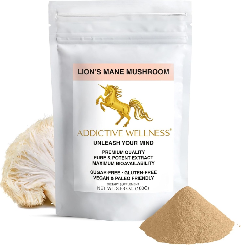 Adictivo Wellness Lions Mane Suplemento Powder, Premium Quality Lions Mane Mushroom Powder Dual-Extract Nootropic, Sugar Free, Vegan &amp; Paleo Lion's Mane Mushroom Suplemento - 1500 mg (100 gramos)