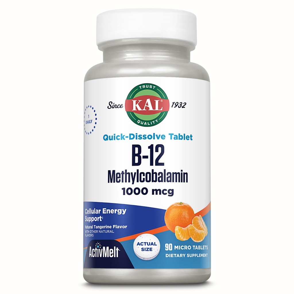 KAL Vitamina B12 Methylcobalamin 1000mcg, Energía sana, metabolismo, Nerve &amp; Red Blood Cell Support,* Fast Dissolve ActivMelt, Optimal Absorption, Natural Tangerine Flavor, 90 Servings, 90 Micro Tabs
