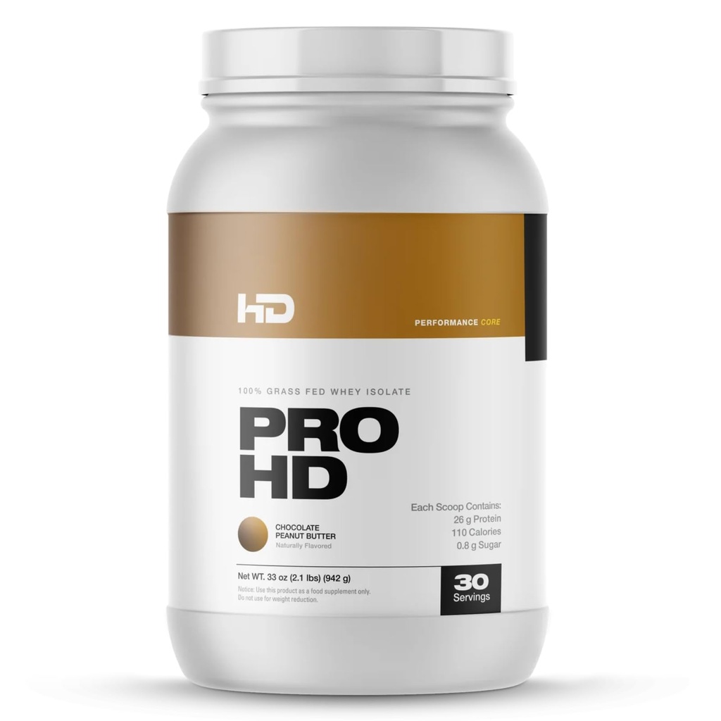 HD MUSCLE Protein ← 100% Grass Fed Whey Isolate ← 25g Protein, 114 Calories, 0g Fat ← Zero Fillers o Amino Spiking ← 30 Servimientos (Chocolate Peanut Butter)