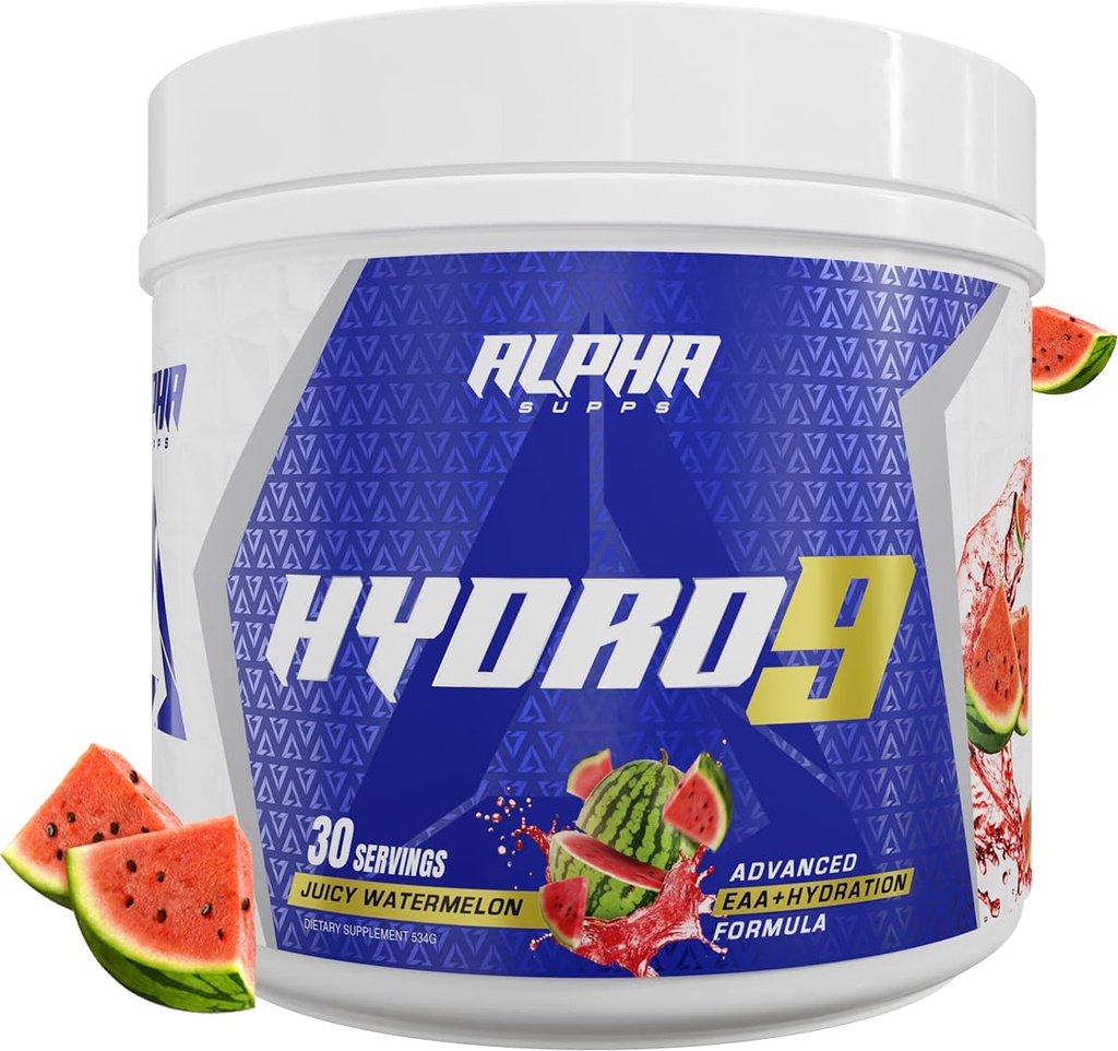 Alpha Supps Hydro 9 Aminos ANTE EAA + Hydration Fórmula  durable Aminoácidos esenciales EAAs Polvo con BCAAs &amp; Electrolitos 30 Servimientos - Juicy Watermelon