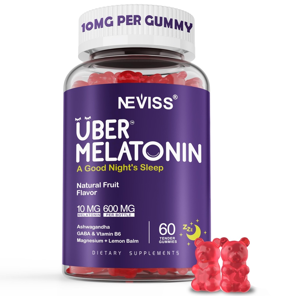 Melatonin Gummies 10mg 20mg para adultos, Melatonina 10 mg por Gummy con Ashwagandha, Magnesium Glycinate, GABA, L-theanine, Valerian Root y Lemon Balm, Apoyo al Descanso Suplemento, Grape Flavor, 60 Cts