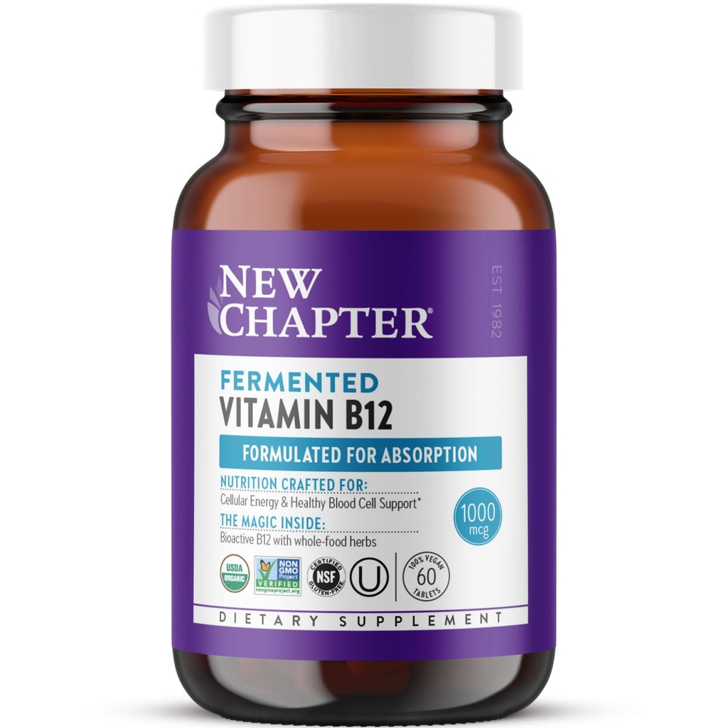 Nuevo Capítulo Fermented Vitamina B12 1000 mcg, USDA Organic, ONE Daily for Cellular Energy + Healthy Blood Cells, Certified Vegan, Gluten Free - 60 Count