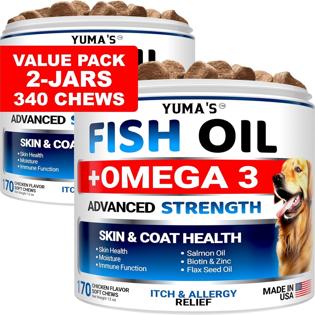 (2 Pack) Omega 3 Fish Oil for Dogs - 170 Chews - Skin and Coat Supplement - Omega 3 for Dogs - Dry ' Itchy Skin Relief Treatment - Allergy Support Dog Anti Shedding Treats - Salmon - Chicken Flavor