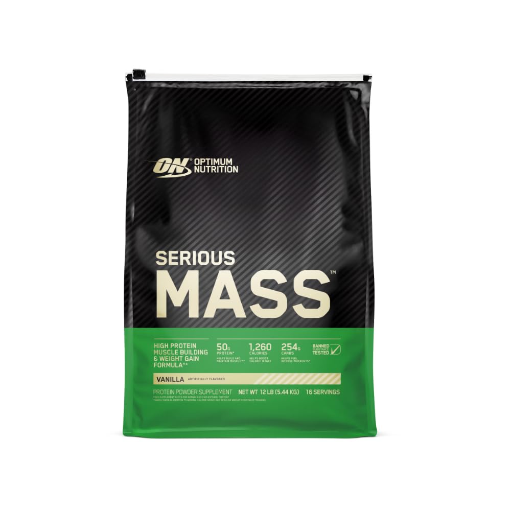 Optimum Nutrition Serious Mass Weight Gainer Protein Powder, Vitamina C y Zinc para Immune Support, Vanilla, 12 libras (Packaging May Vary)