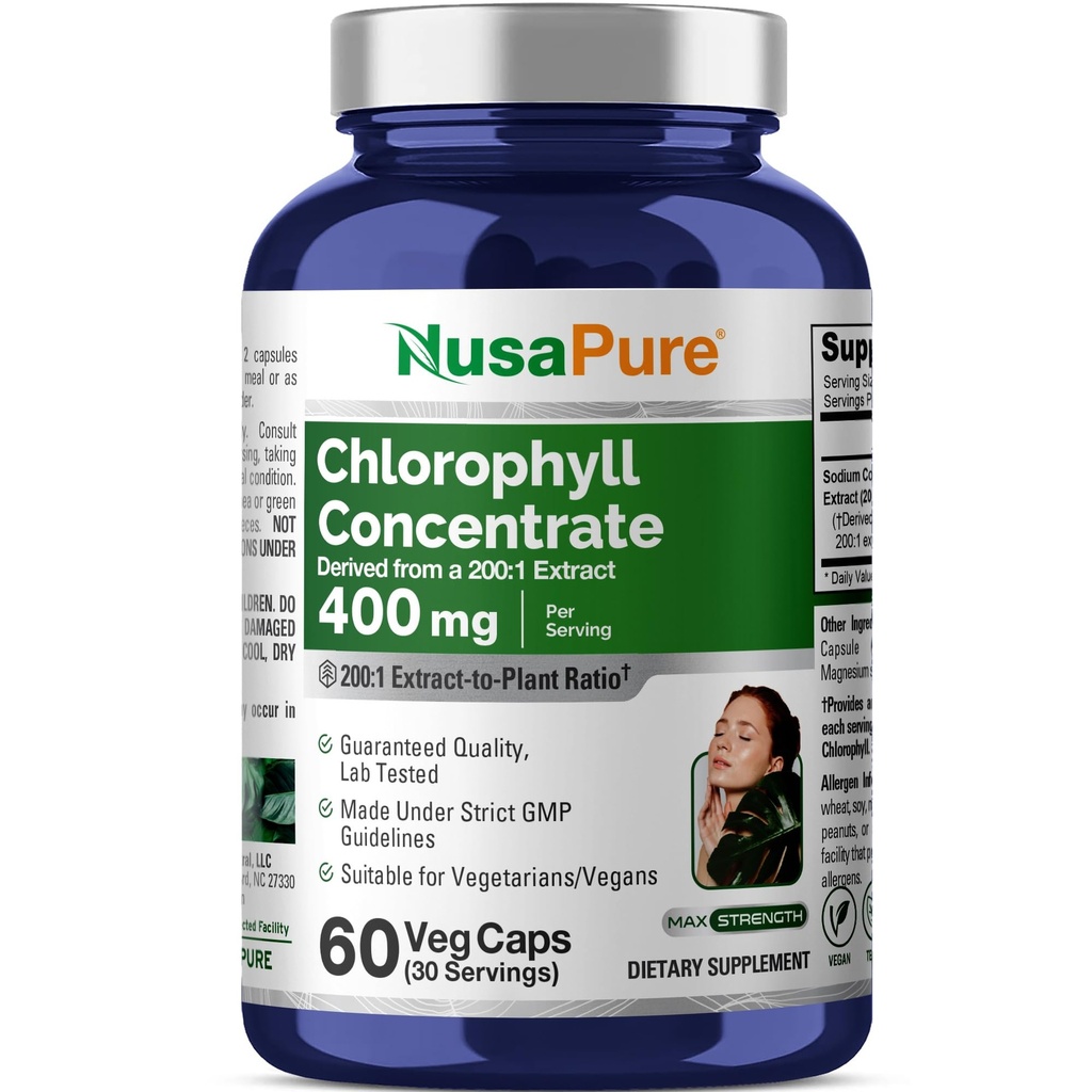 NusaPure Chlorophyll 200:1 Extracto, 400 mg Equivalente a 80.000mg 60 Veggie Caps (Equivalente 80000mg por Serving, Non-GMO, Vegan) Sodium Copper Chlorophyllin