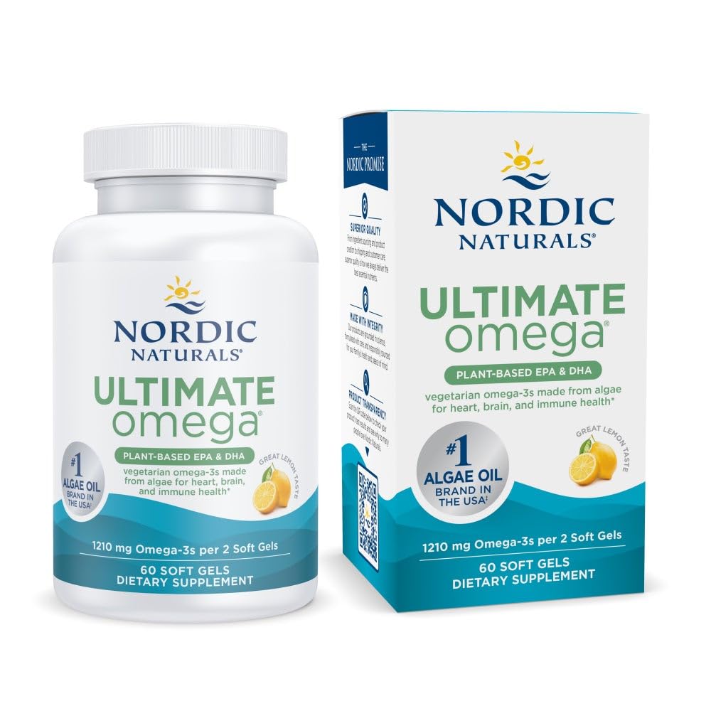 Nordic Naturals Plant Based Ultimate Omega, Lemon Flavor - 60 Vegetarian Soft Gels - 1210 mg Omega-3 - Vegan EPA y DHA - Suplemento Made from Algae - Brain & Heart Support - Non-GMO - 30 Servings