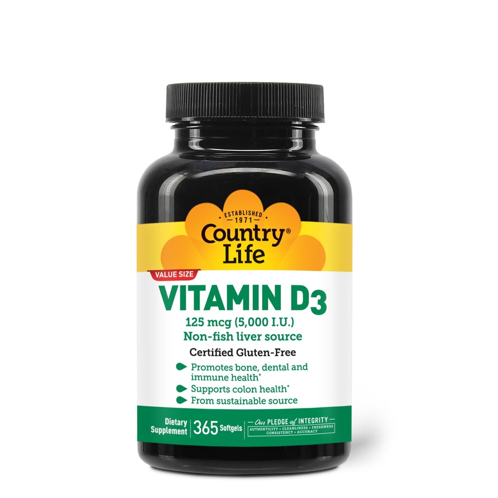 Vida País Vitamina D3 5000 UI – Alta Potencia, Fuente No Flamenca, Apoyo a la Salud del Hueso, Función Inmune " Absorción del Calcio - 365 Softgels, Suministro Certificado Libre de Gluten, A largo plazo