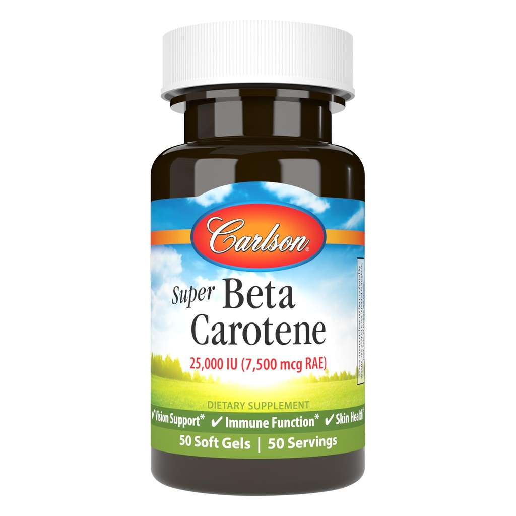 Carlson - Super Beta Caroteno, 25000 UI (15 mg), Vitamina A como Beta Caroteno, Forma Biodisponible y Bioactiva, Visión Salud, Esquí saludable, 50 Softgels