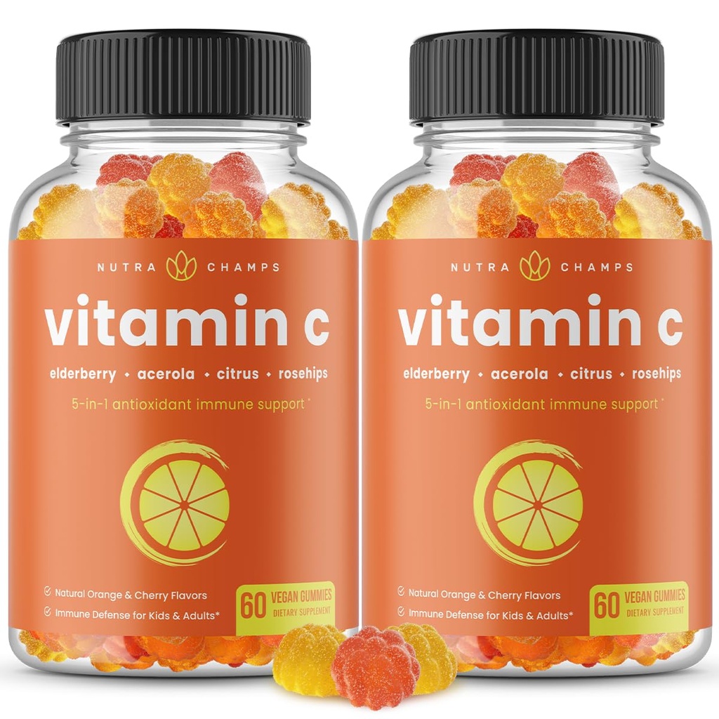 NutraChamps Vitamina C Gummies for Adults &amp; Kids, 5-in-1 Immune System Support with Elderberry, Rosehips, Citrus Bioflavonoids & Acerola Cherry, Immunity Booster Supplement (Pack of 2)