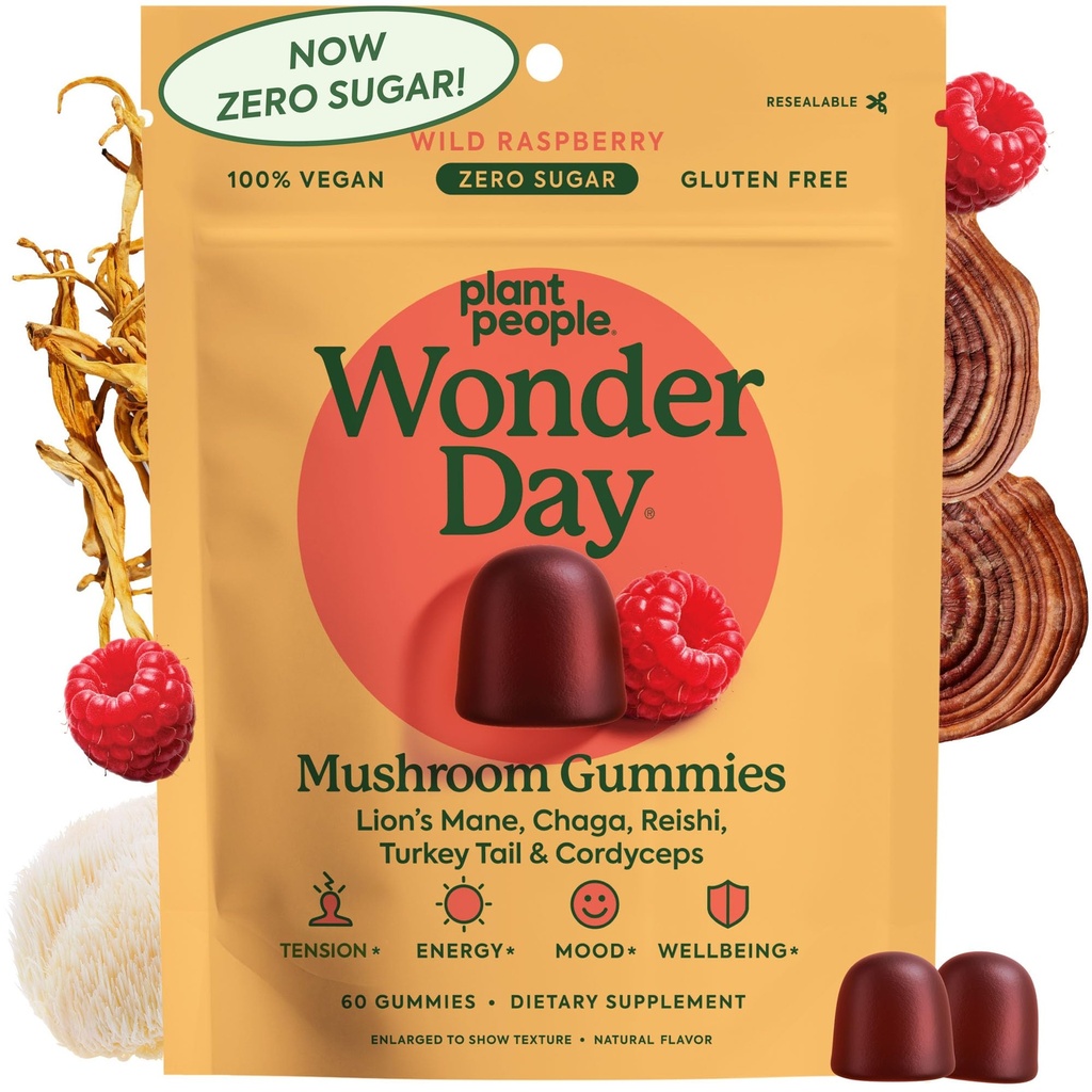 Plant People WonderDay Mushroom Gummies - Lion’s Mane, Cordyceps, Chaga Mushroom Suplemento de Apoyo Immune System De-Stress Boost Mood & Energy in Adults Natural, Vegan, Non-GMO (60 Cuenta)