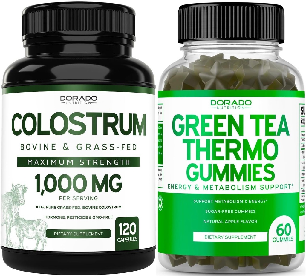 Green Tea Fat Burner Weight Pérdida (60 Gummies) - Appetite Suppressant Weight Pérdida Suplemento para Hombres y Mujeres y Colostrum (120 Conde) Bovine Colostrum Capsules Suplementos - Vegan Safe & Made in USA