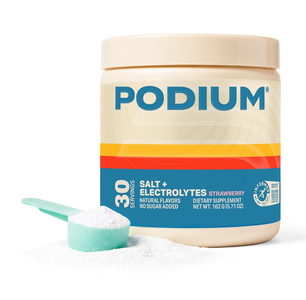 Podium Nutrition Training Salt + Electrolytes Powder, Fresa, Post Workout Hydration &amp; Muscle Recovery Support, Electrolyte Drink, Magnesium, Potassium, Calcium &amp; Sodium Salts, 30 Servings