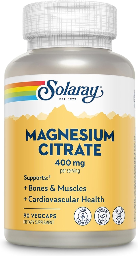 SOLARAY Citrato de magnesio 400mg - Suplemento de magnesio - Salud ósea, músculo, relajación y salud cardíaca - Ausorción mejorada, Vegan, Gluten Gratis, Garantía de 60 días, 30 Servimientos, 90 VegCaps