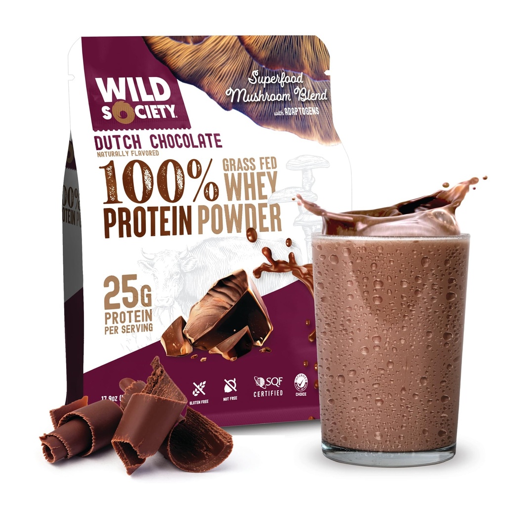 WILD SOCIETY - Premium 100% Grass Fed Whey Protein Powder + Superfood Mushrooms & Adaptogens - 25g Protein, Clean Protein Powder, 0 Añadido Sugar, Non GMO, Gluten Free - Dutch Chocolate - 17.9 oz