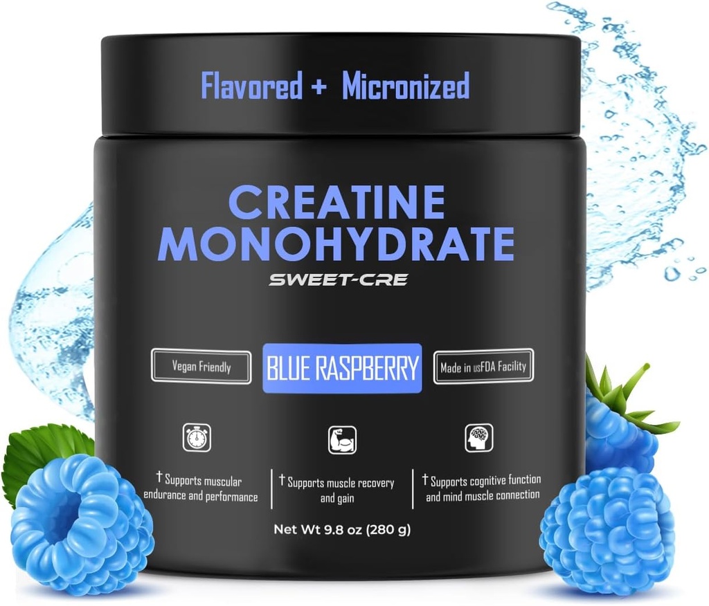 Monohidrato de creatina – 5g Polvo de Monohidratos de Creatina – Cretina Avanzada para Mujeres y Hombres – Suplementos a granel Creatina – Sabor de frutas deliciosas – 10oz (40 Servimientos, Fresa Azul)