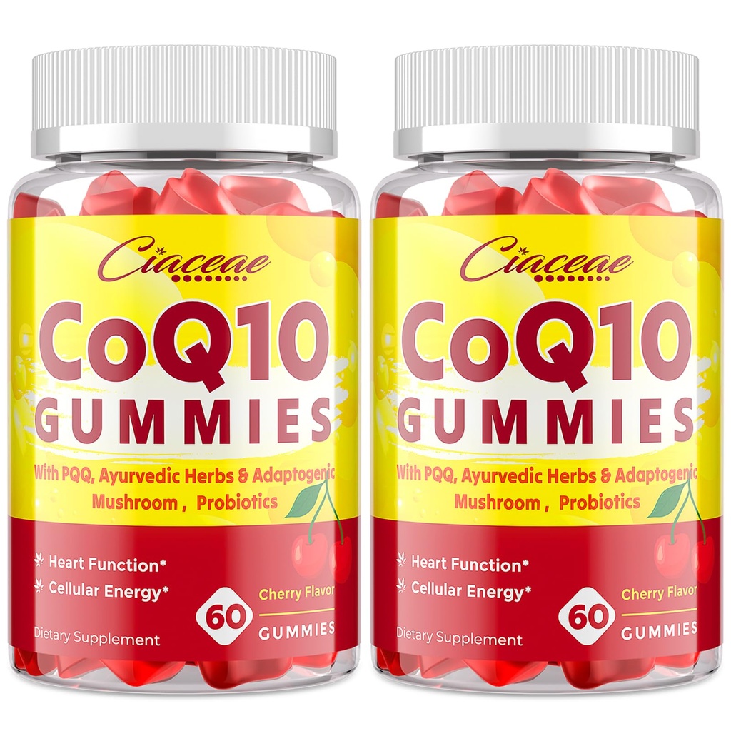 CoQ10 Gummies con PQQ - 400 MG Coenzyme Q10 High Potency, Mejorado con hierbas ayurvédicas, Adaptogenic Mushroom Blend &amp; Probiotics for Heart, Brain, Energy, Immunity, Cherry Flavor, 120 Vegan Gummies