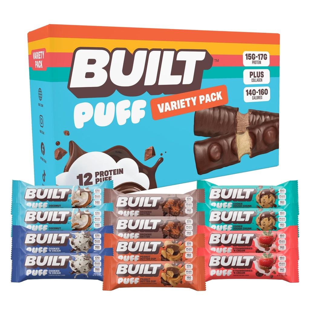 Bar, Puff Protein Bar, Variedad Pack, Collagen, Snacks On-the-go, Bar de desayuno, Sampler mixto, 12 Pack