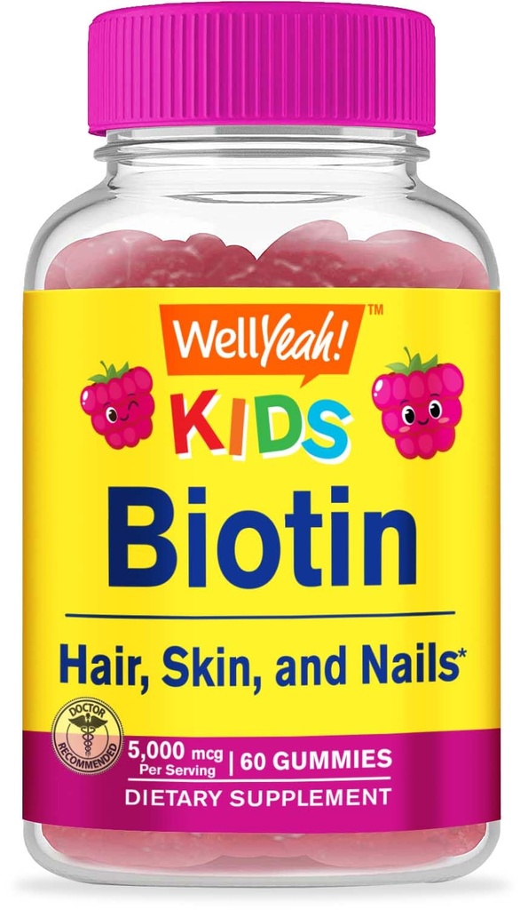 WellSí Biotin Gummies for Kids 5000 mcg - Supports Hair Growth, Skin Health, and Nails - Natural Sourced Flavors - GMO Free, Gluten Free - Gummy for Boys and Girls - 60 Count