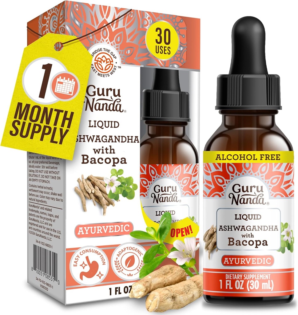GuruNanda Liquid Ashwagandha con Bacopa (1 Fl Oz) - Natural Dietary Supplement- Liquid Extract Drops - para Hombres Mujer- Vegan &amp; Alcohol-Free - Ayudas en Immune, Focus &amp; Relax Support