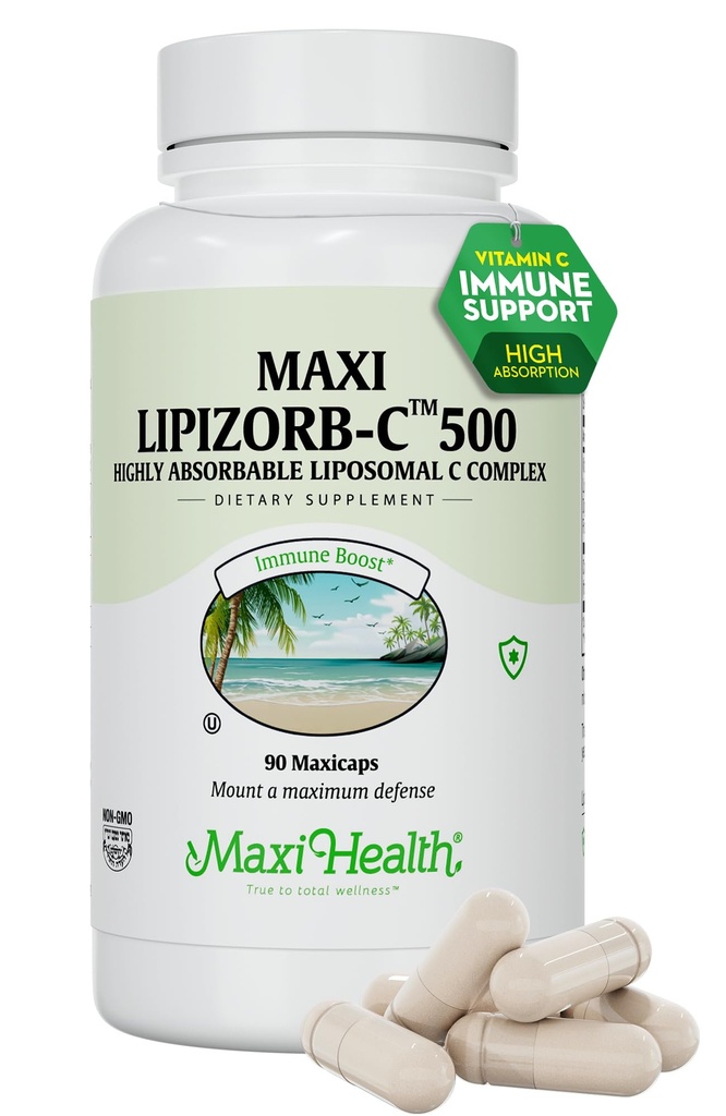 Maxi Health Liposomal Vitamina C 500mg Capsules con Blend Digestivo, Alta Absorbable Alta Dosis VitaminC, No GMO Kosher Vegetariano Doctor-Formulated Immune Support Suplemento (90 Cuenta)