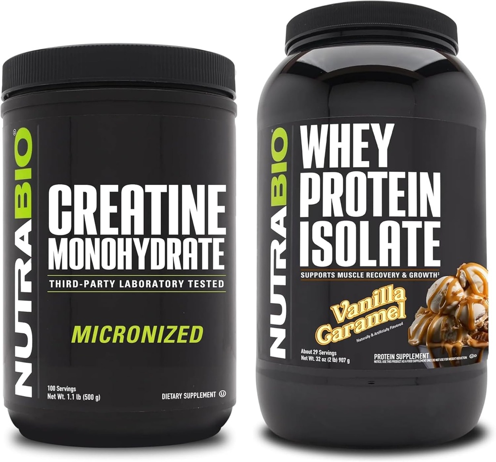 NutraBio Monohidrato de Creatina, Desflavorado, 500g y Whey Protein Isolate, Vanilla Caramel, Suplemento Bundle - Muscle Energy, Lean Muscle Growth, Recovery, and Strength