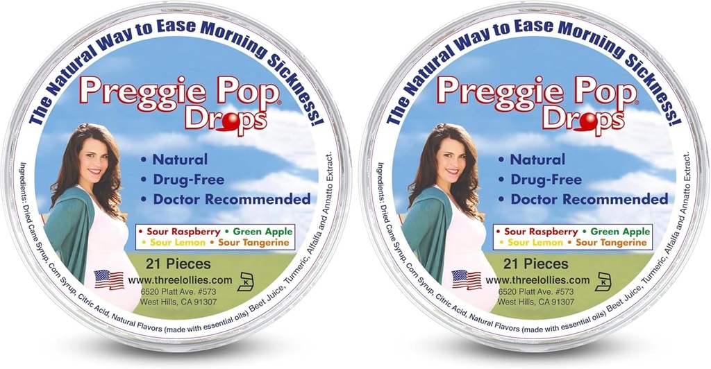Tres Lollies Preggie Pop Drops - 21 gotas - Mañana Sickness Relief During Pregnancy - Seguro para embarazada mamá &amp; Baby - Gluten Gratis - Cuatro Sabores: Lemon, Raspberry, Green Apple, Tangerine (Pack of 2)