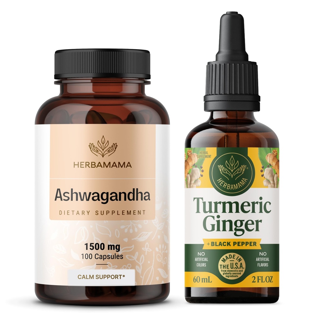 HerBAMAMA Ashwagandha y kit de jengibre tormérico - Agrupo de 1500 mg Ashwagandha Root Capsules " Turmeric Ginger Tincture 2 fl oz - Vegan, No GMO, Azúcar " Sin alcohol - 2 Pack