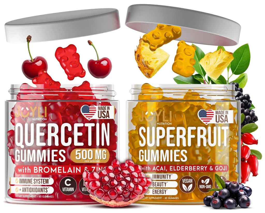 Joyli Quercetin & Superfruit Gummies Bundle – Immune & Antioxidant Support – Fórmula Multivitamínica Vegana con Vitaminas A, C, D, E, Zinc, Goji & Elderberry – 2 Pack para Adultos