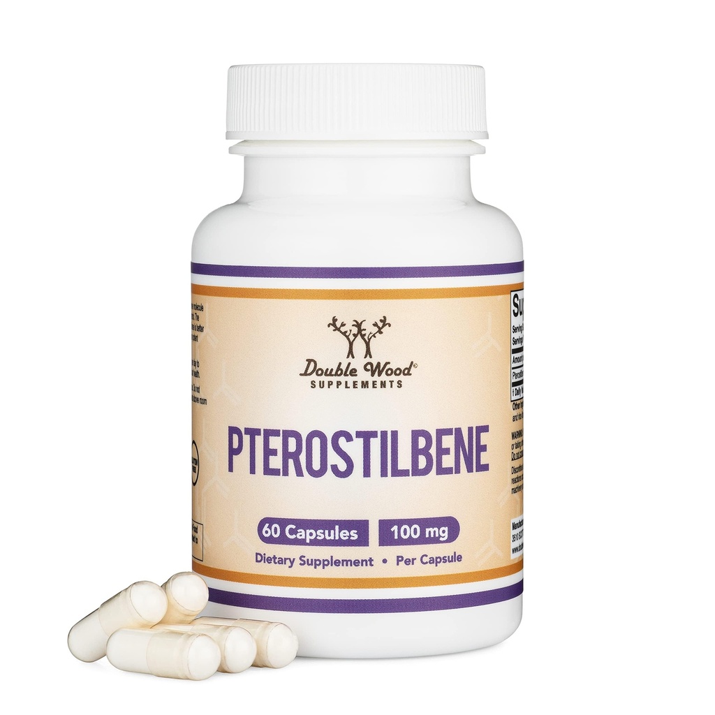 Pterostilbeno Suplemento 100mg cápsulas (Tercera Parte testada) 60 cápsulas, Superior a Resveratrol, Antioxidante para soporte de longevidad (No-GMO, Gluten Free) por Madera Doble