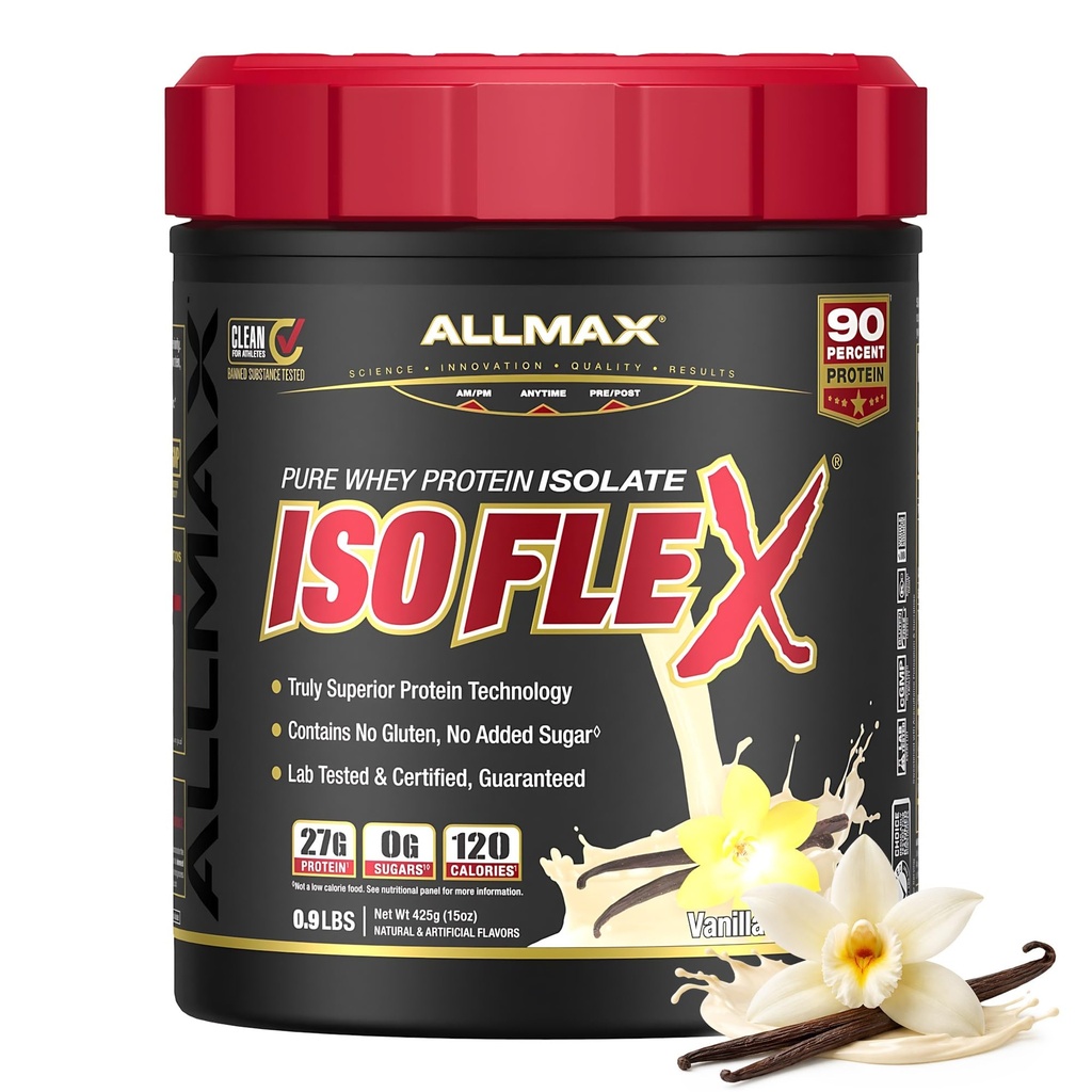 ALLMAX ISOFLEX Whey Protein Isolate, Vanilla - 1 lb - 27 Gramos de Protein Por Scoop - Zero Fat & Sugar - 99% Lactose Gratis - Gluten Free &amp; Soy Free - Aprox. 15 Servicios