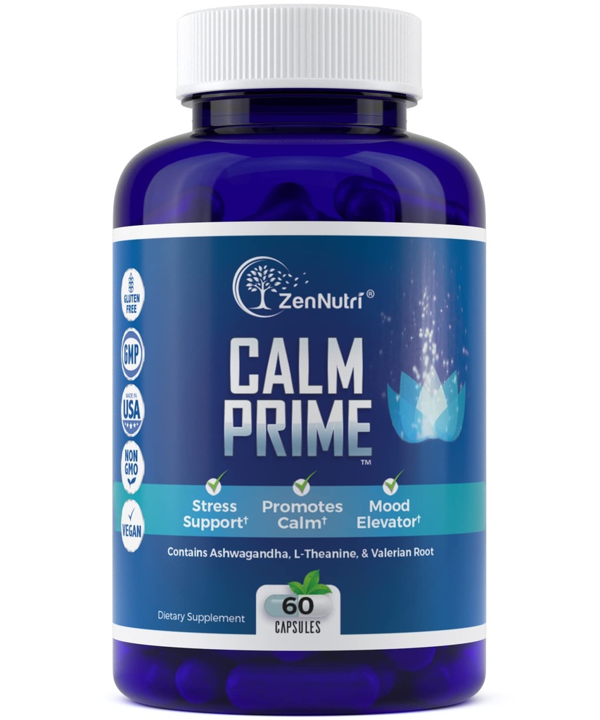 Calm Prime Stress Relief Supplement Non-Drowsy ← Mood Support Supplement TEN Mood Boost TEN Vegan Daytime Stress Supplements Calm Aid TEN Stress Vitamins - Ashwagandha, Valerian Root - 60 Conde