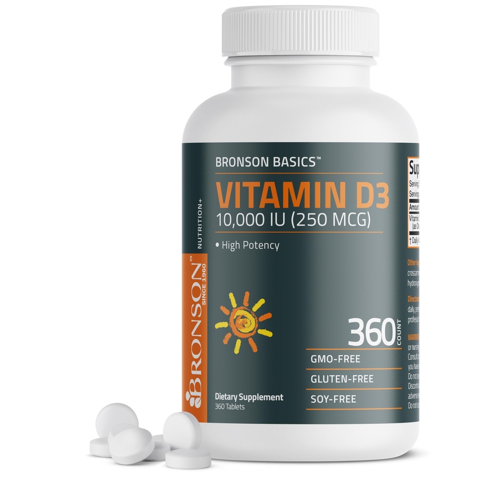 Vitamina Bronson D3 10,000iu (250mcg) 1 año de suministro de funciones musculares saludables y soporte inmunológico, no GMO, 360 tabletas