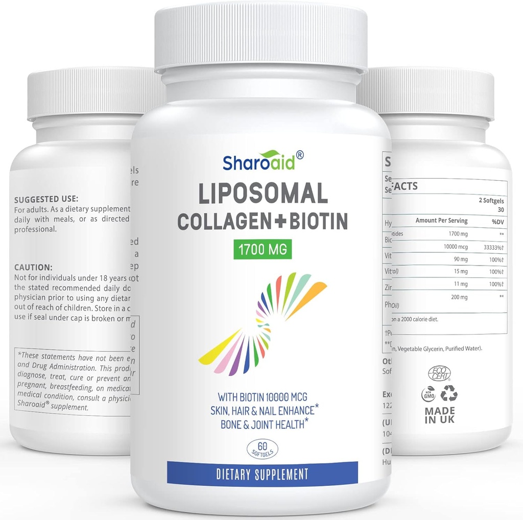 Liposomal Hidrolyzed Collagen Peptides 1700mg y Biotin 10000mcg Suplementos para Mujeres, Hombres, Alta Absorción,Vitamin E,C y Zinc cápsulas para la piel, el crecimiento del cabello, la unión y las uñas,60 Softgels