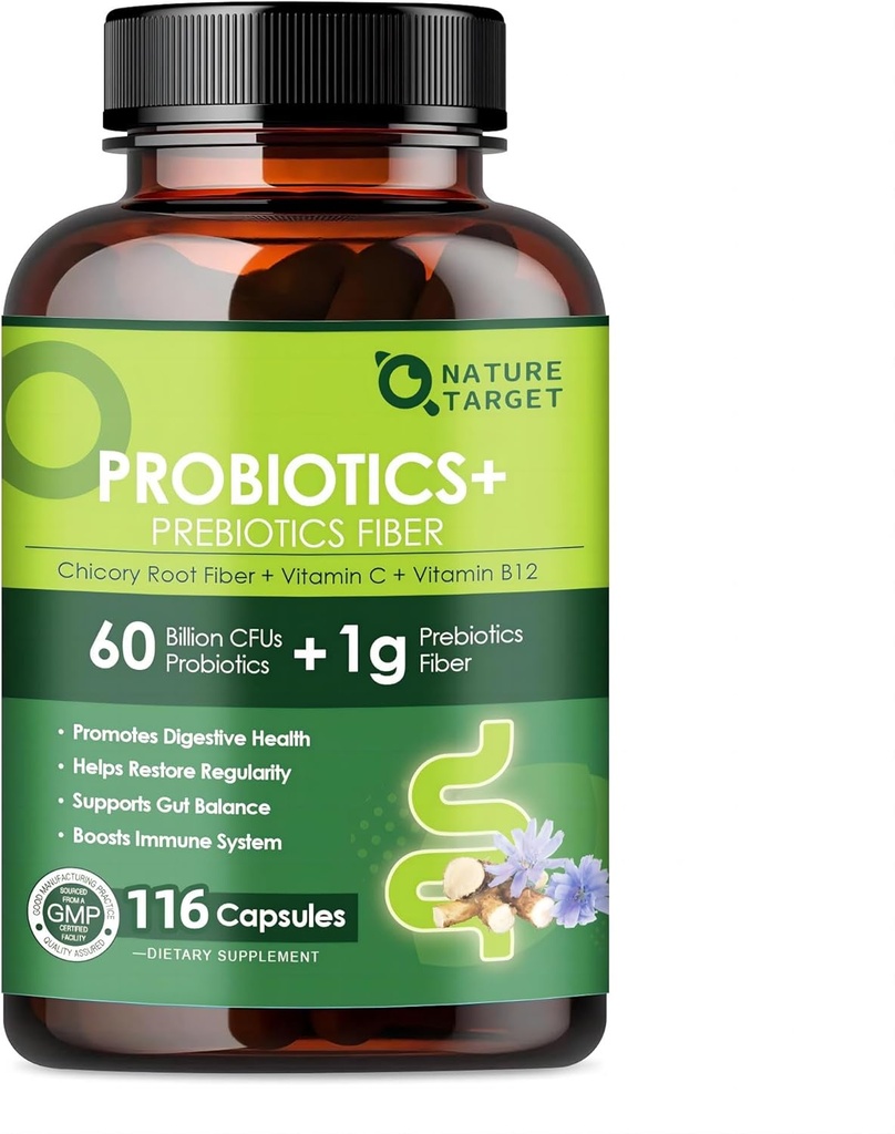 Probióticos para la salud digestiva de las mujeres con fibra prebiótica - Suplemento de fibra con 60 millones Probiótico para regularidad " limpieza de las tripulaciones - 116 cápsulas vegetales